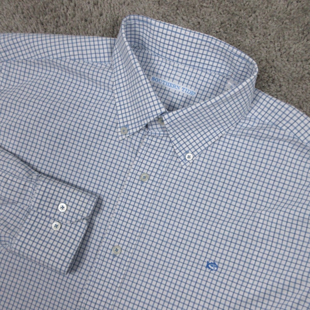 Southern Tide Shirt Mens Large Blue Grid Check Cotton Logo Flex Casual Button Up
